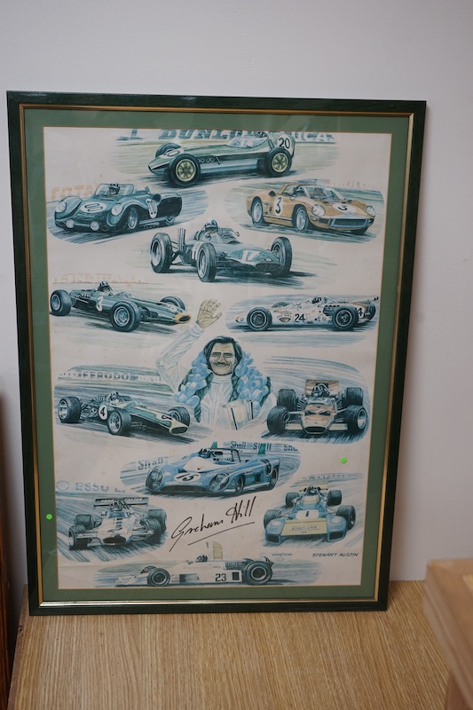 Motor racing interest, Graham Hill montage colour print, signed, label verso, 65 x 43cm. Condition - good